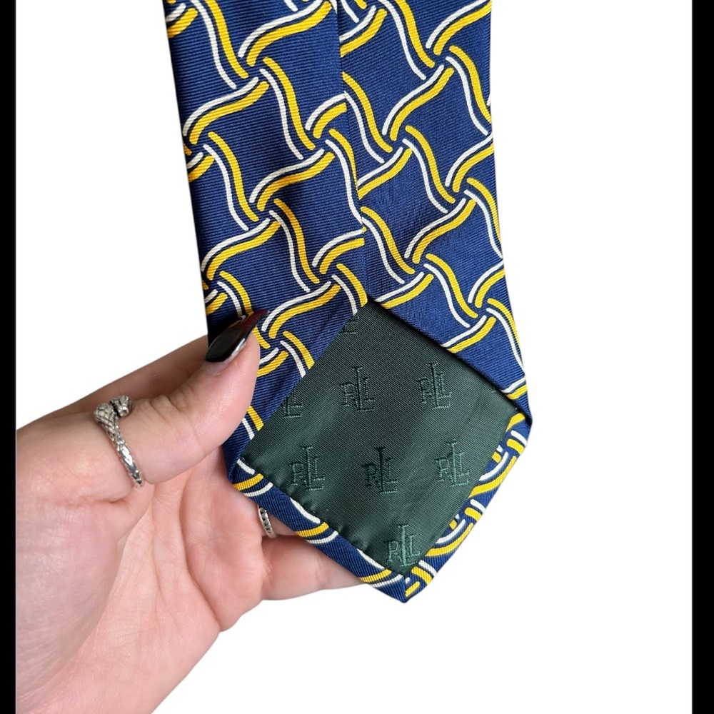 Lauren Ralph Lauren Green Label Blue Yellow 100% Silk Tie - Picture 4 of 5